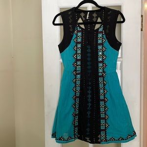 Free People Turquoise Mini Dress With Black Openwork Detail & Embroidery, Size 2